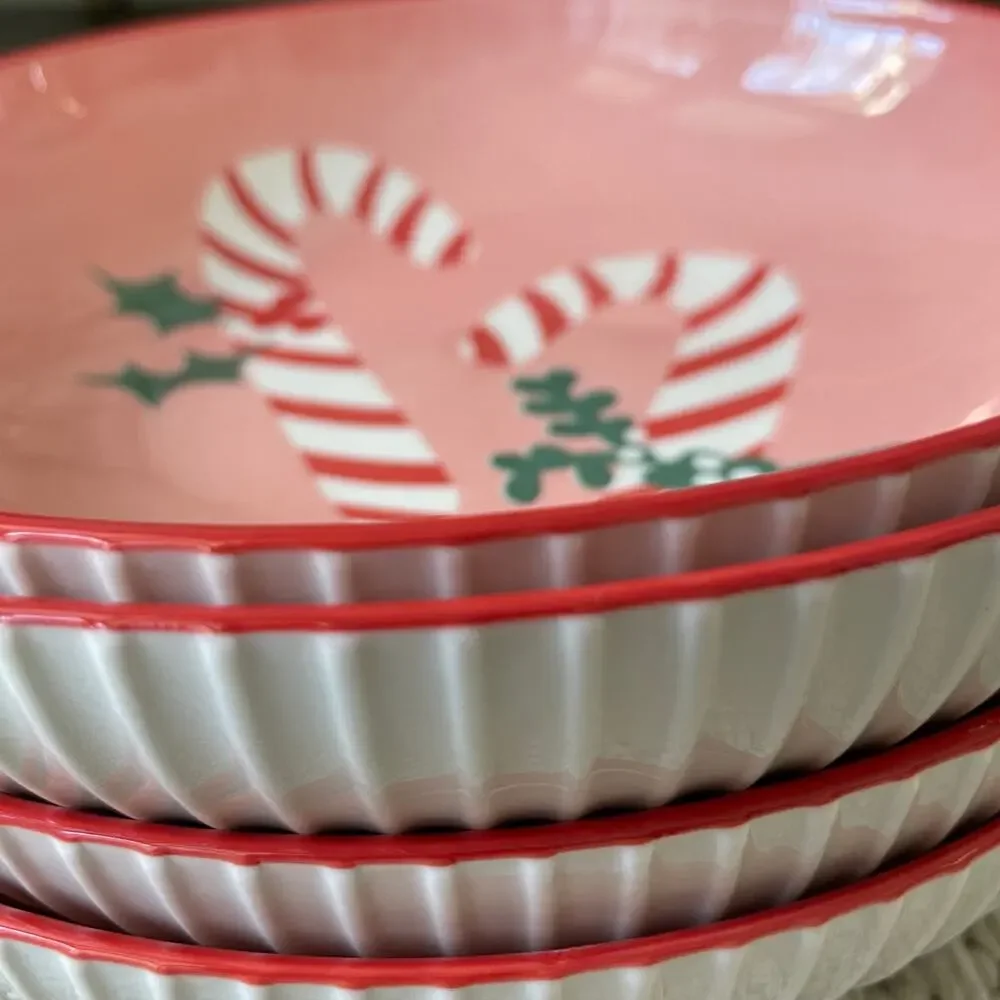 Christmas Candy Cane Dinner Bowl Set of 4 Ceramic Pink Red PrimaDesign Holiday